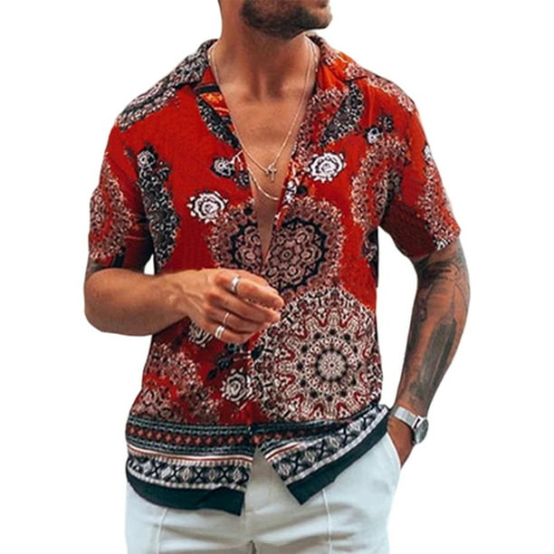 Hawaiian Shirt Mens Summer Breathable Travel Tops Buttons Lapel Shirt 